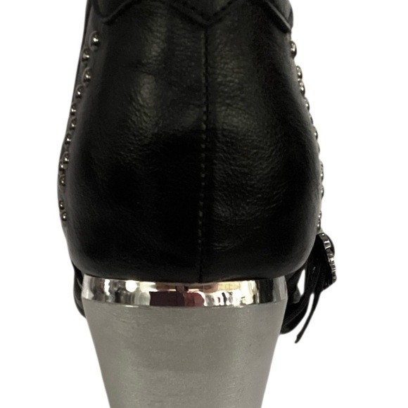 Ankle Boots Women Black Leather Bull Studded Skull Buckle Silver Block Heel Sz 8 - Picture 4 of 6